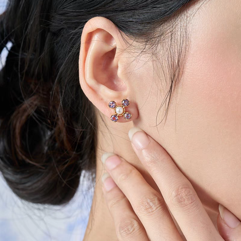 Pendientes Kemstone de diseño original, hechos a mano, con trébol de cuatro hojas, amatista y perla - Elegantes pendientes florales en plata 925