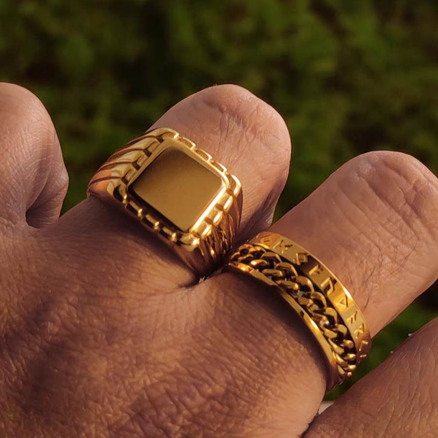 Kemstone Vintage Gold Viking Chain Band & Square Signet Ring – 18K Plated Titanium Steel