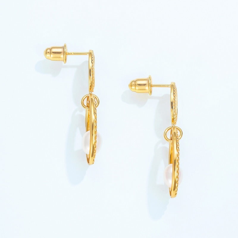 Pendientes de perlas de agua dulce grandes, hechos a mano, de estilo vintage, con diseño original de Kemstone - Plata S925 con baño de oro de 10 quilates