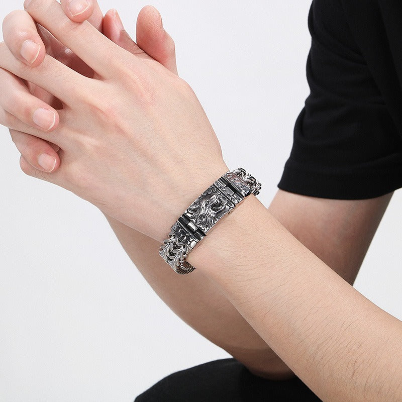 Bracciale in acciaio inossidabile con testa di lupo - Catena punk norrena da 16 mm | Chiusura gotica resistente KB184384