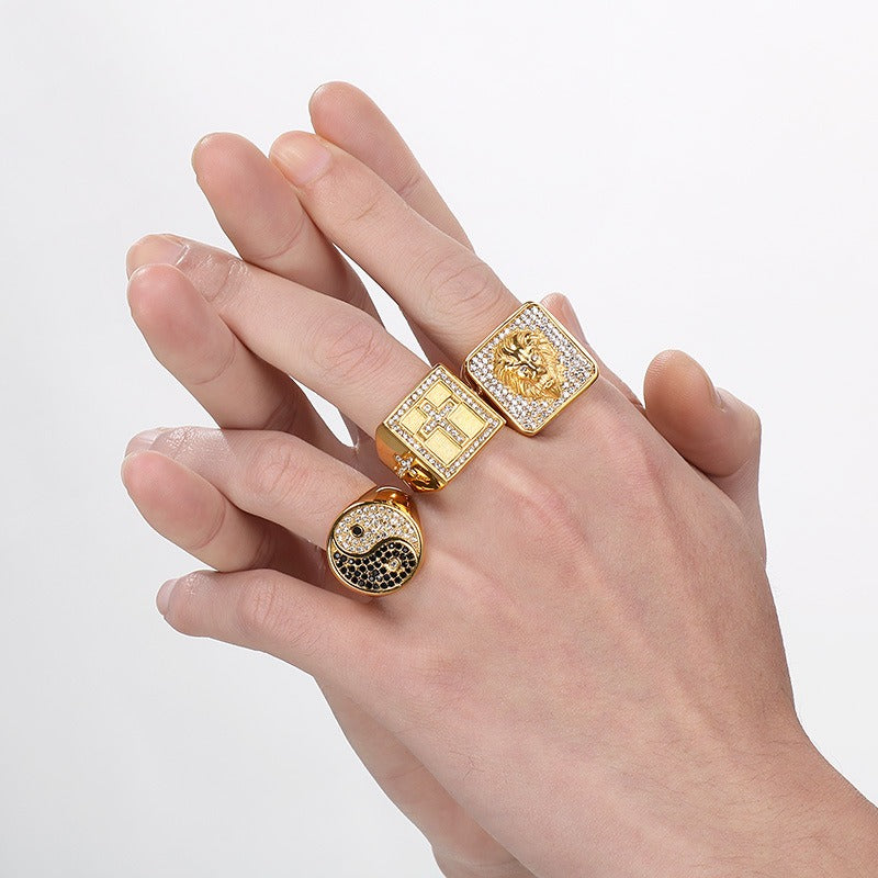 Kemstone Bold Statement Rings β Stainless Steel Lion Head / Cross / Yin Yang Signet KR112697