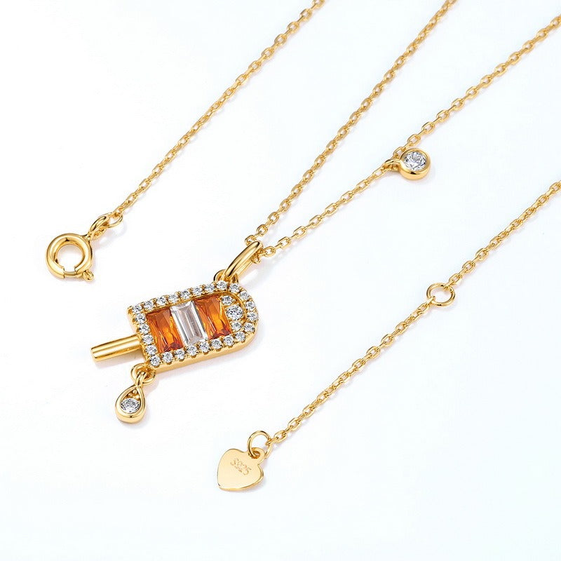 Collar de helado naranja de verano, diseño original artesanal de Kemstone para mujer - Colgante de helado de plata de ley S925 con nanocircón amarillo