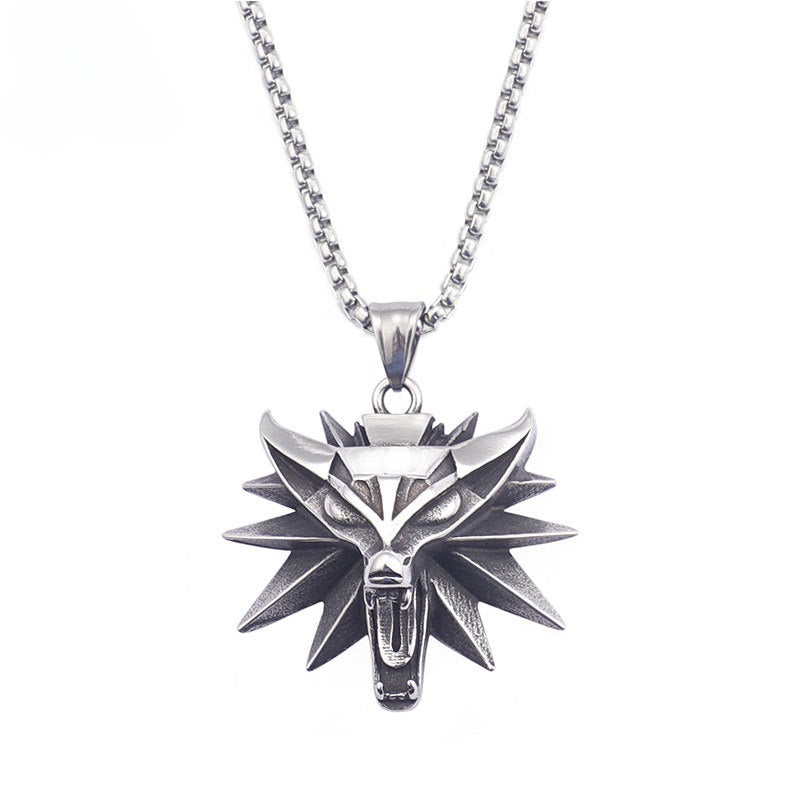 Witcher Wolf Head Pendant Necklace for Men – Gothic Viking Stainless Steel Medallion, Silver/Gold/Black KP59809-K