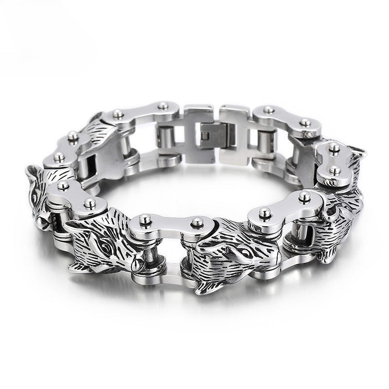Kemstone Wolf Head Chain Bracelet – Titanium Steel Motorcycle-Inspired Men’s Jewelry KB152384