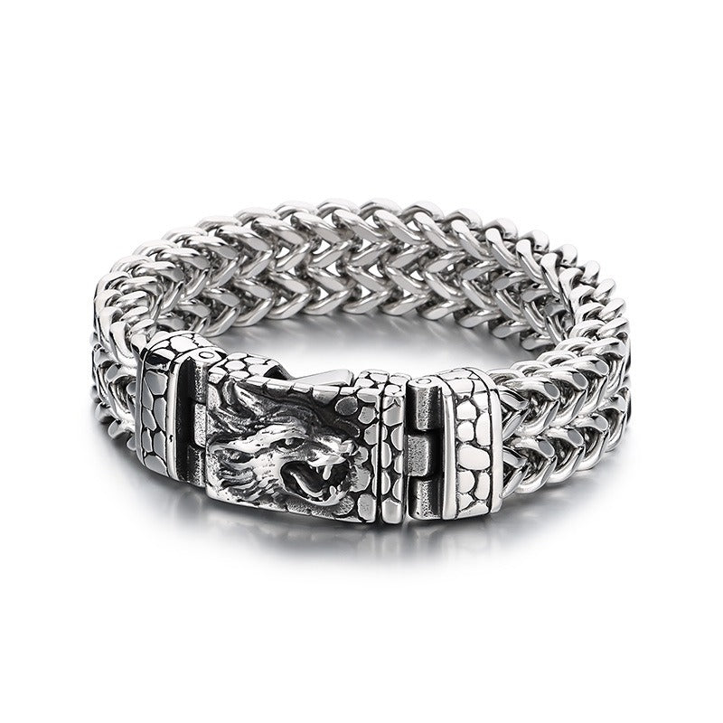 Bracciale in acciaio inossidabile con testa di lupo - Catena punk norrena da 16 mm | Chiusura gotica resistente KB184384