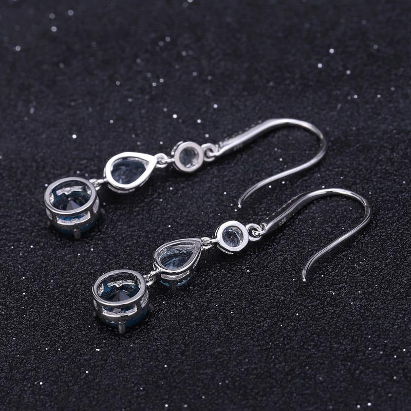 Pendientes colgantes de topacio azul natural, diseño original, hechos a mano por Kemstone en plata de ley S925 para mujer.
