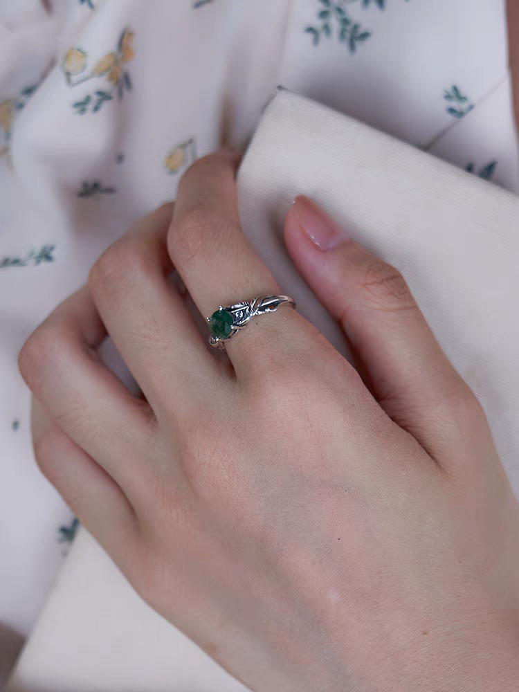Kemstone Watergrass Ghost Ring – Moss Agate Adjustable Open Ring in Vintage 925 Sterling Silver with CZ Accents