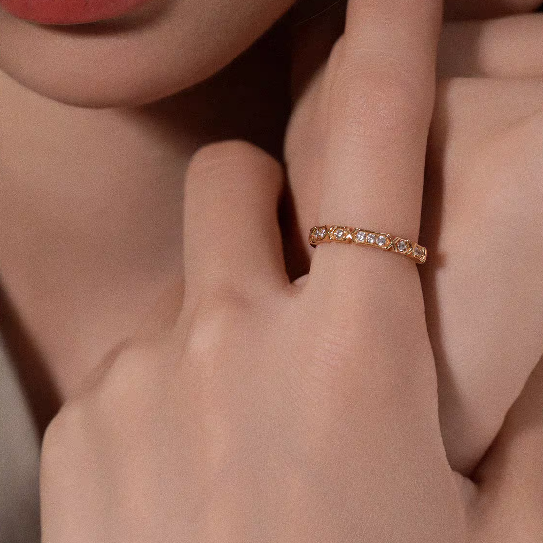Kemstone Starlight Ring – 925 Silver Gold Plated Slim Stacking Band with Cubic Zirconia EM-YLZR183
