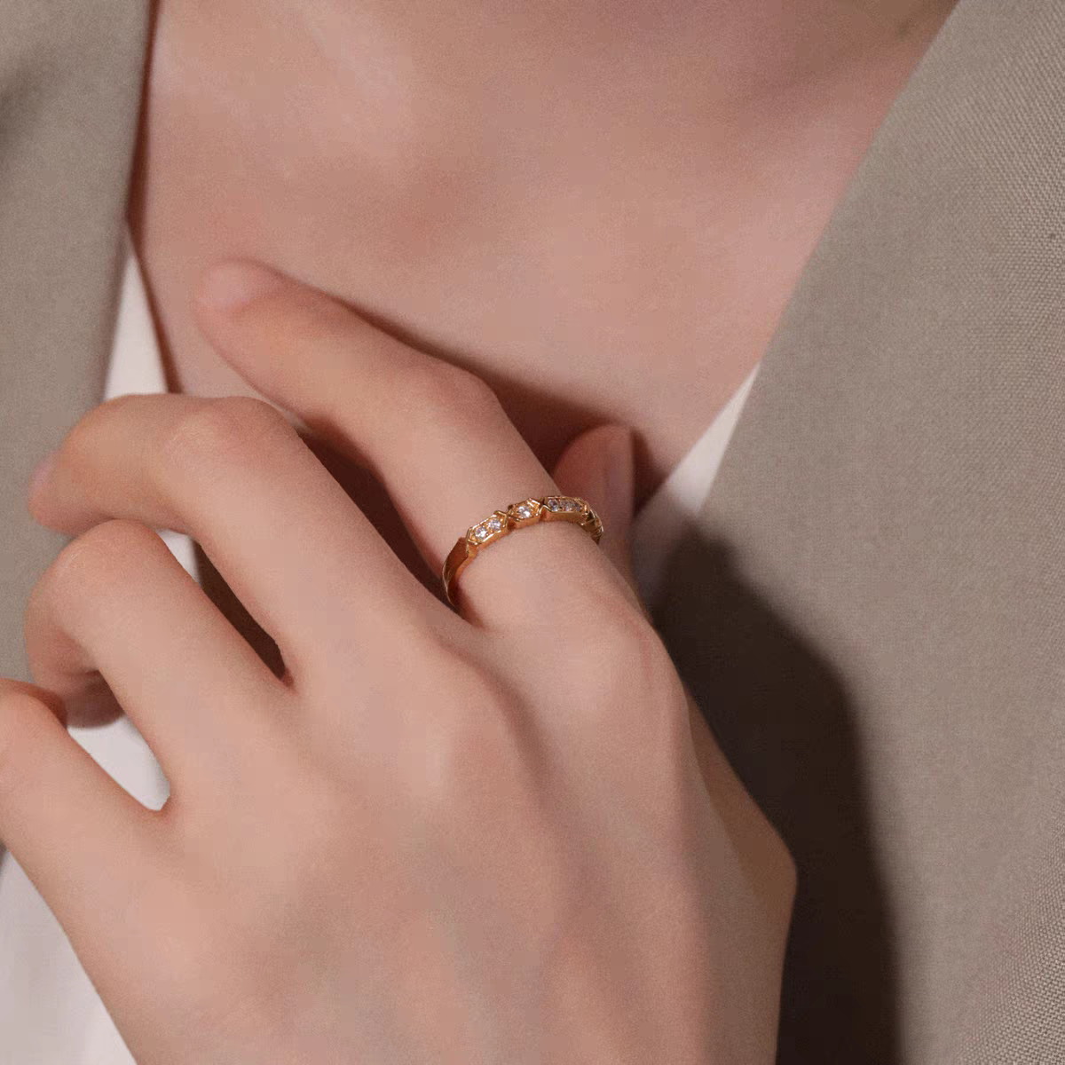 Kemstone Starlight Ring – 925 Silver Gold Plated Slim Stacking Band with Cubic Zirconia EM-YLZR183