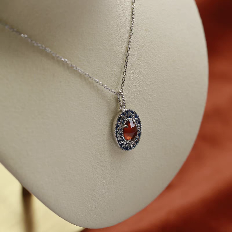 Kemstone Sunset Island Necklace | 925 Sterling Silver Spessartite Garnet & Enamel Pendant | Vintage Medieval Jewelry