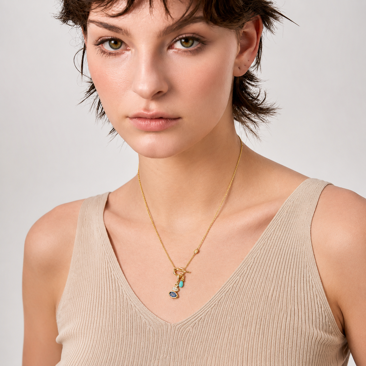 Kemstone Cairn Natural Gemstone Necklace – Amazonite Aquamarine Kyanite Gold Pendant for Women