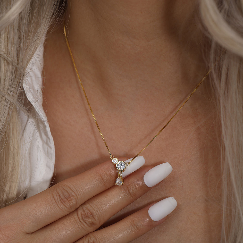Kemstone S925 Sterling Silver Box Chain CZ Necklace for Women – Teardrop Pendant Clavicle Chain, Silver & Gold A4-APN47