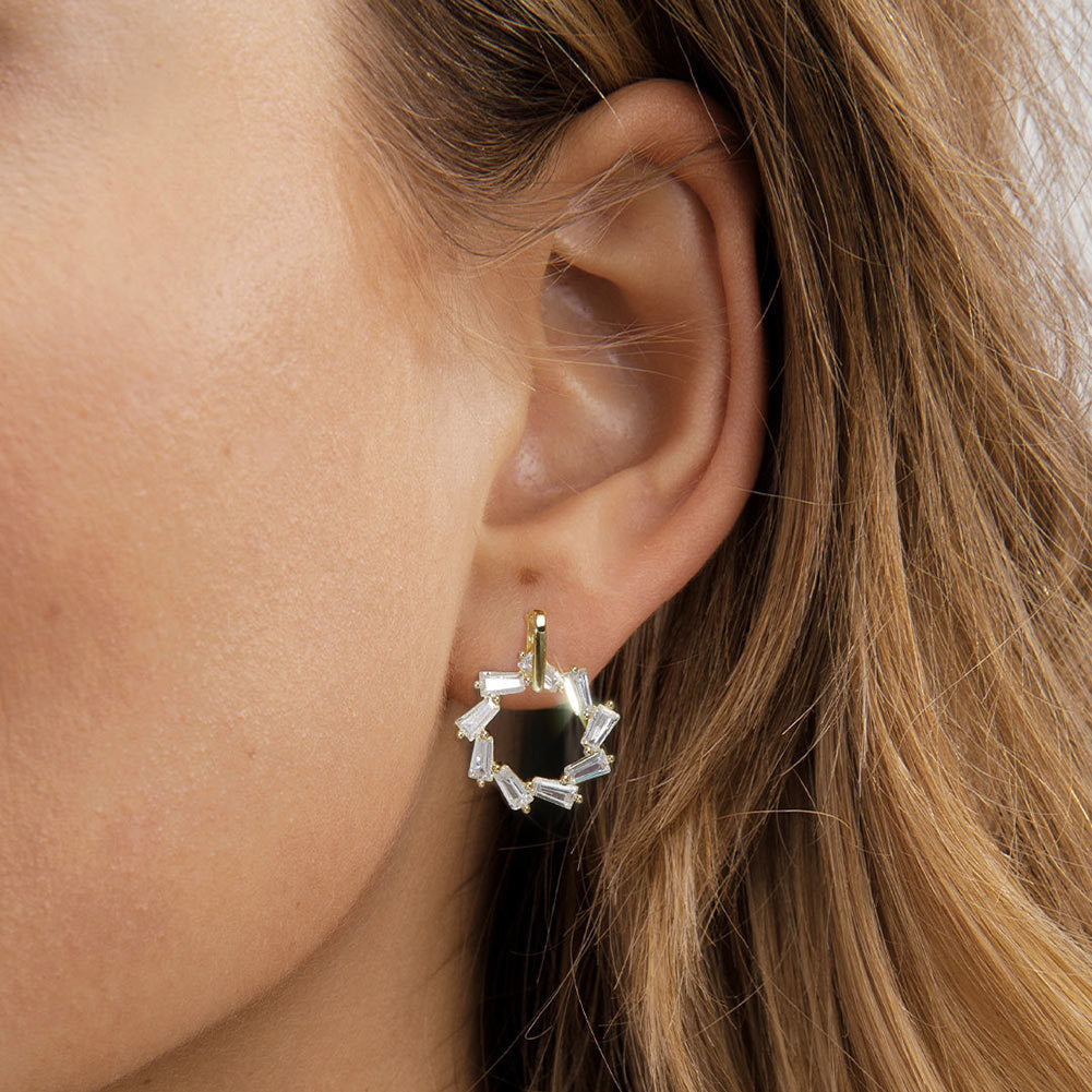 Geometric Hoop Earrings – 925 Sterling Silver Circle CZ Studs, Handmade Gold & Platinum Plated Jewelry by Kemstone A4-APE134