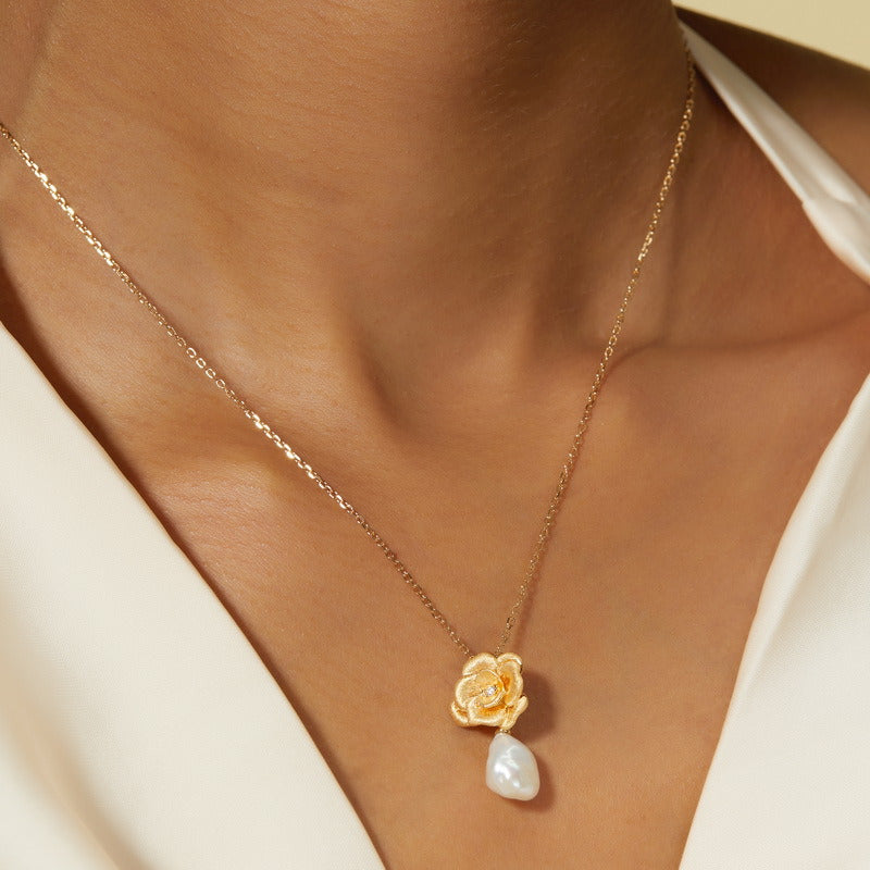 Kemstone Vintage Baroque Pearl Pendant Necklace – 925 Silver 10K Gold Camellia Flower Jewelry for Women