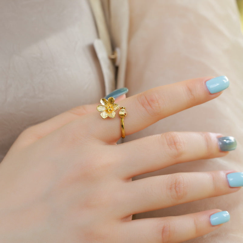 Kemstone Pomegranate Flower Ring – Adjustable 925 Silver 10K Gold Plated Handmade Floral Jewelry for Women