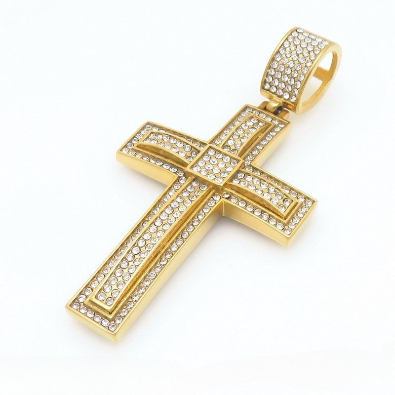 Kemstone Iced Out Cross Pendant Necklace – Titanium Steel Double Layer Bling Jewelry KP130467-MZOZ