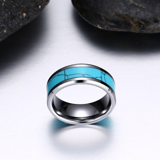 Kemstone Men’s Turquoise Inlay Tungsten Carbide Flat-Edge Ring TCR-023
