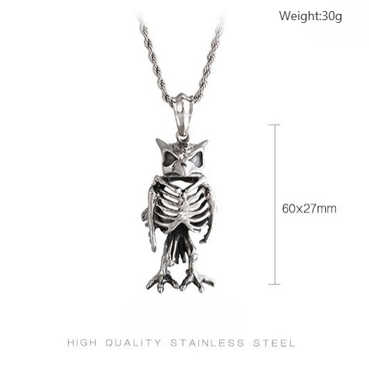 Kemstone Titanium Steel Owl Skeleton Necklace – Gothic Punk Jewelry for Men KP80011-BD
