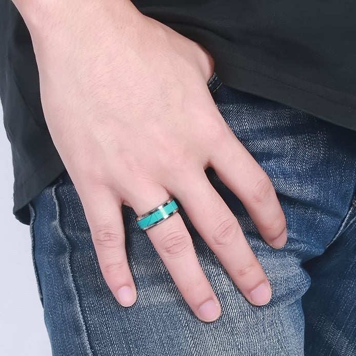 Kemstone Men’s Turquoise Inlay Tungsten Carbide Flat-Edge Ring TCR-023