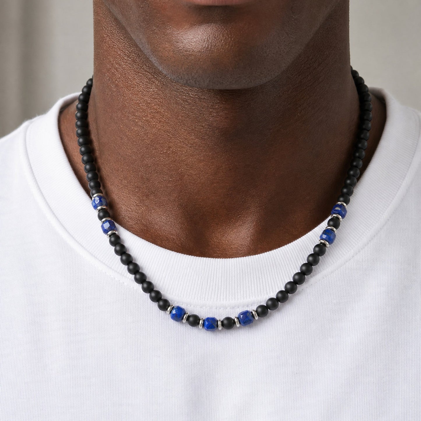 Kemston Black Agate Lapis Lazuli Beaded Necklace for Men Stainless Steel Vintage Style NC-3020
