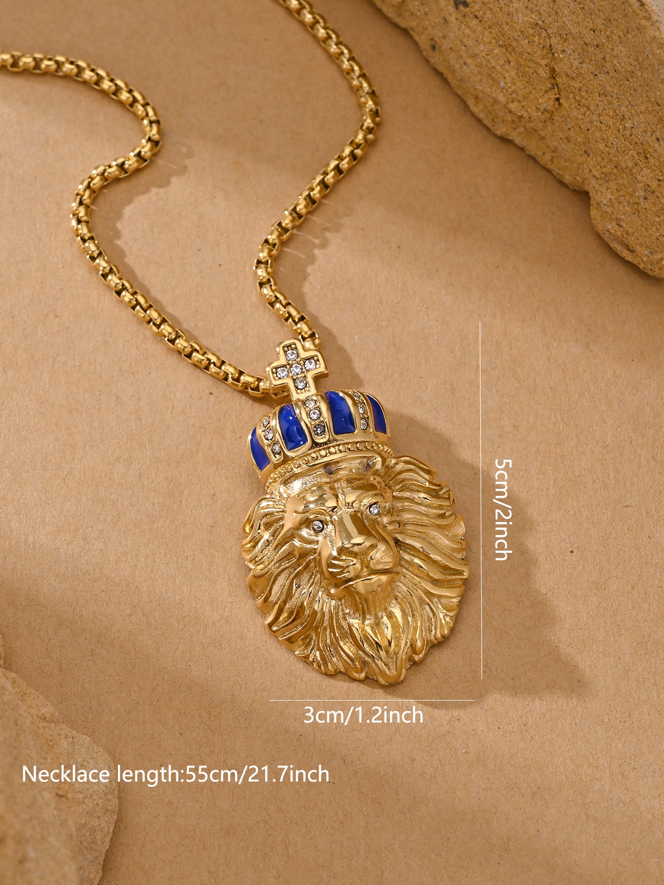Kemston Crown Lion Pendant Necklace for Men Stainless Steel Blue Enamel Vintage Style TN1239