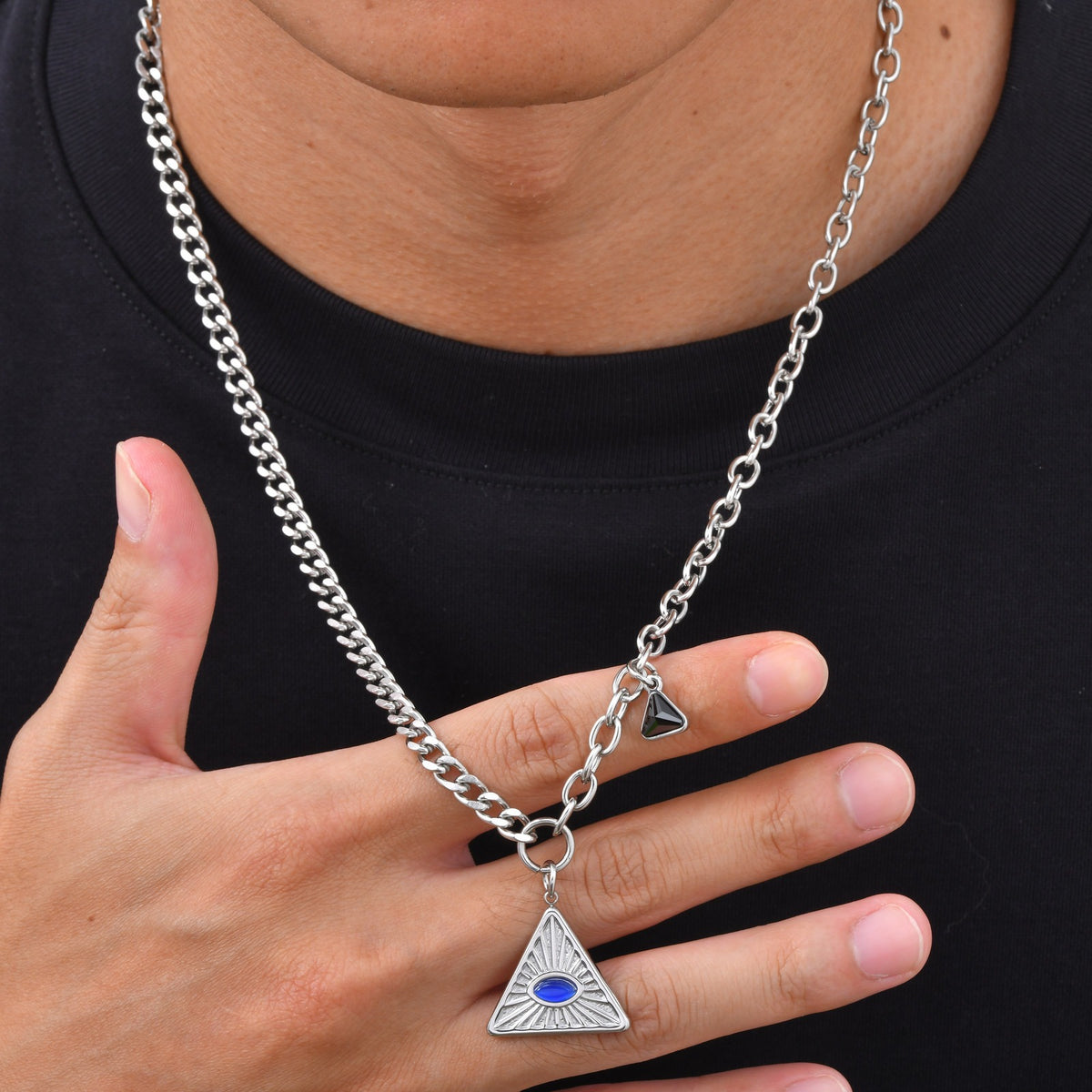 Kemstone Blue Glass Triangle Necklace for Men Stainless Steel NC-3216