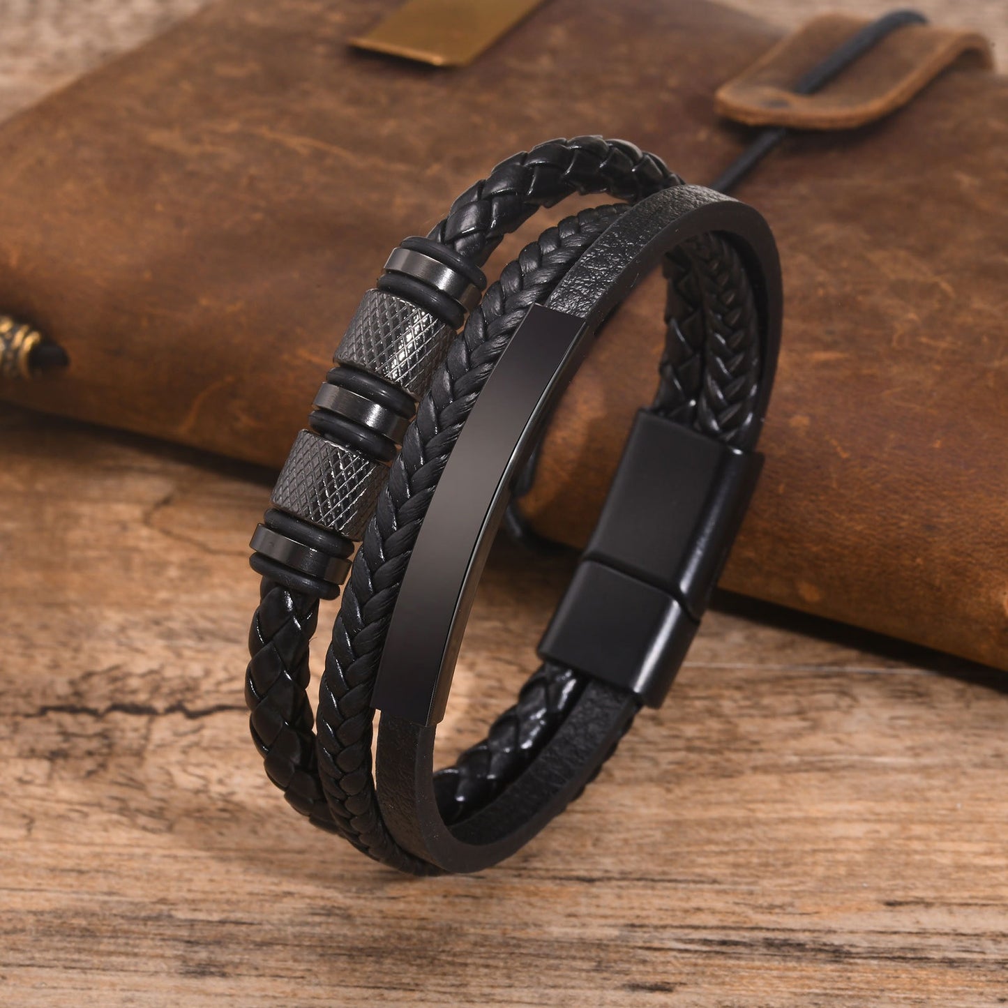 Kemstone Men’s Black Leather Bracelet – Braided Band with Titanium Steel Detail BL-703