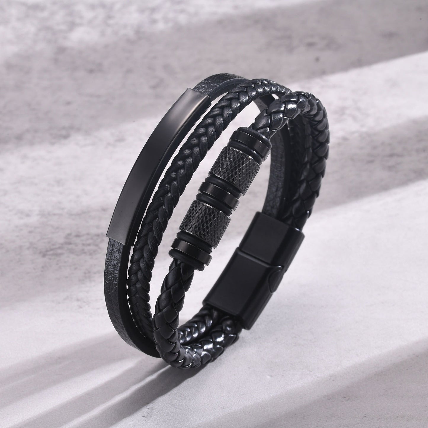 Kemstone Men’s Black Leather Bracelet – Braided Band with Titanium Steel Detail BL-703