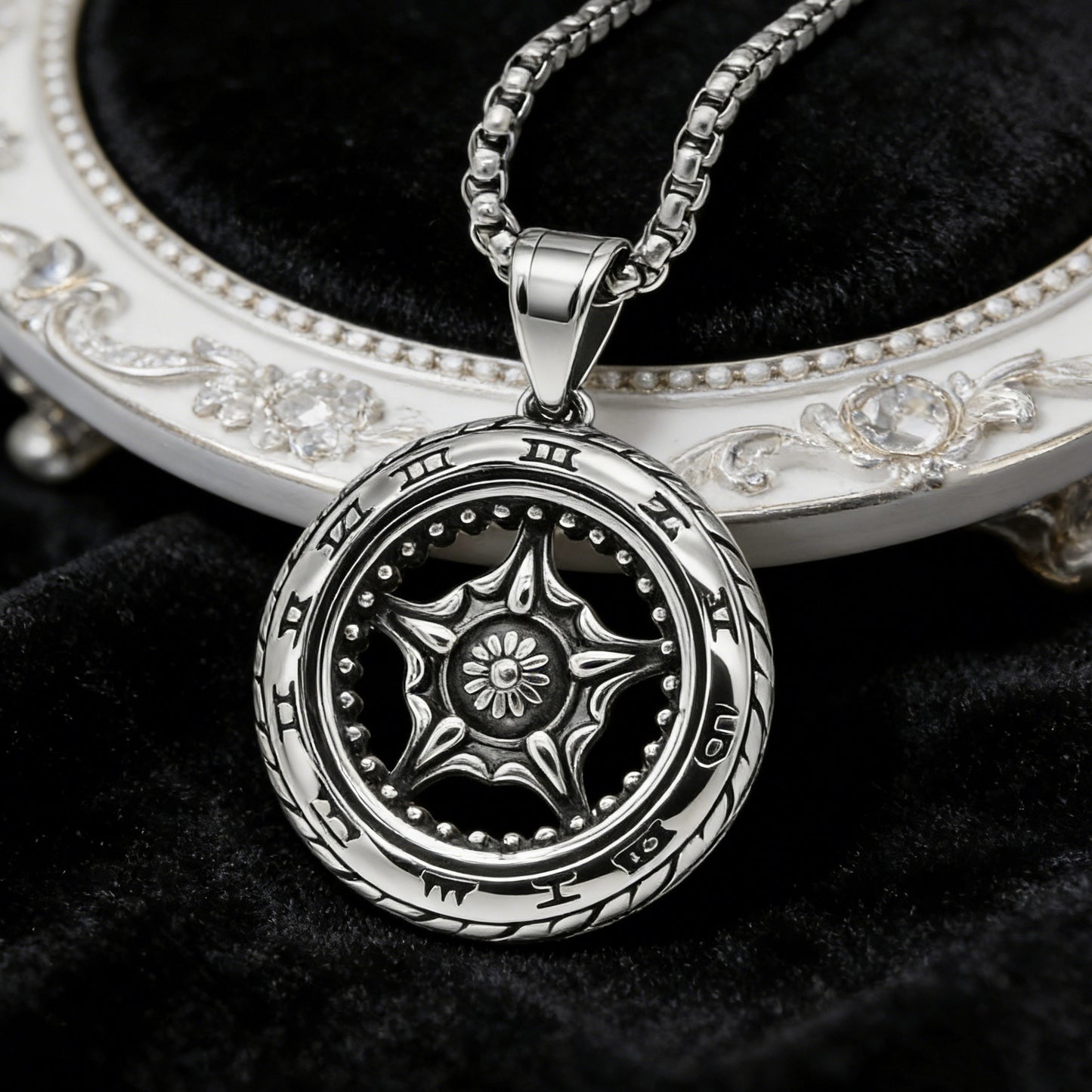 Kemstone Roman Numeral Pendant Necklace for Men Titanium Steel Round Vintage Dial Silver P1553