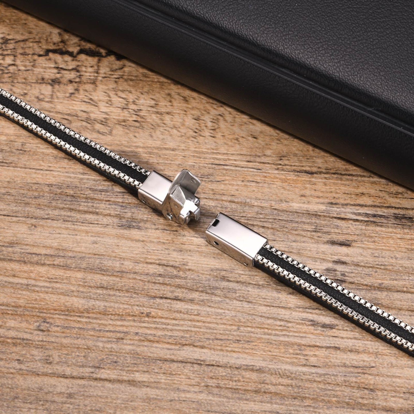 Kemstone Stainless Steel ID Plate Leather Bracelet for Men – Double Chain Edge, Black Silver BL-729