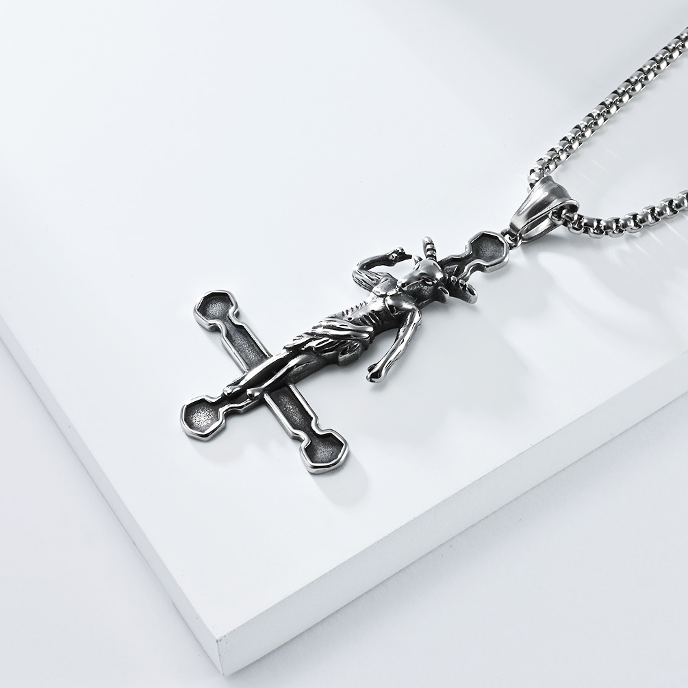 Kemstone Cross Pendant Necklace Stainless Steel Gothic Figure Design for Men Silver K-PT520