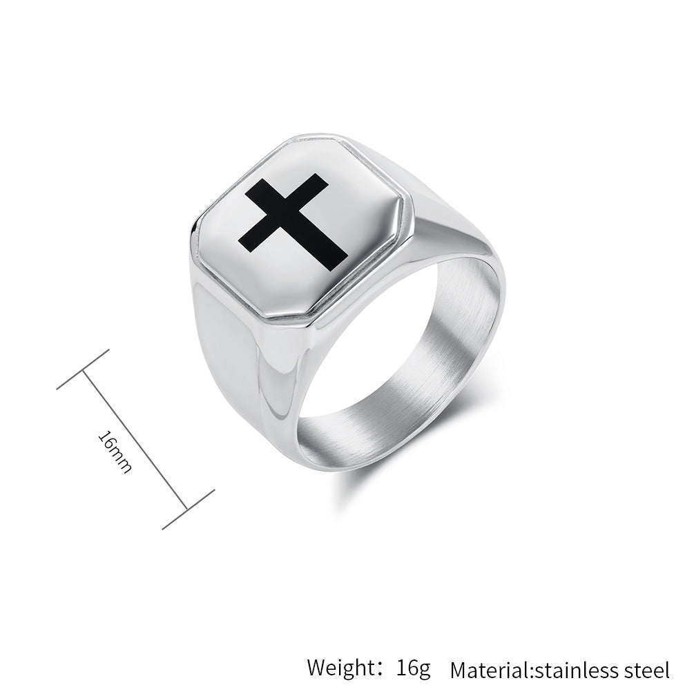Kemstone Men’s Stainless Steel Cross Ring – Square Face Minimalist Band K-R1050