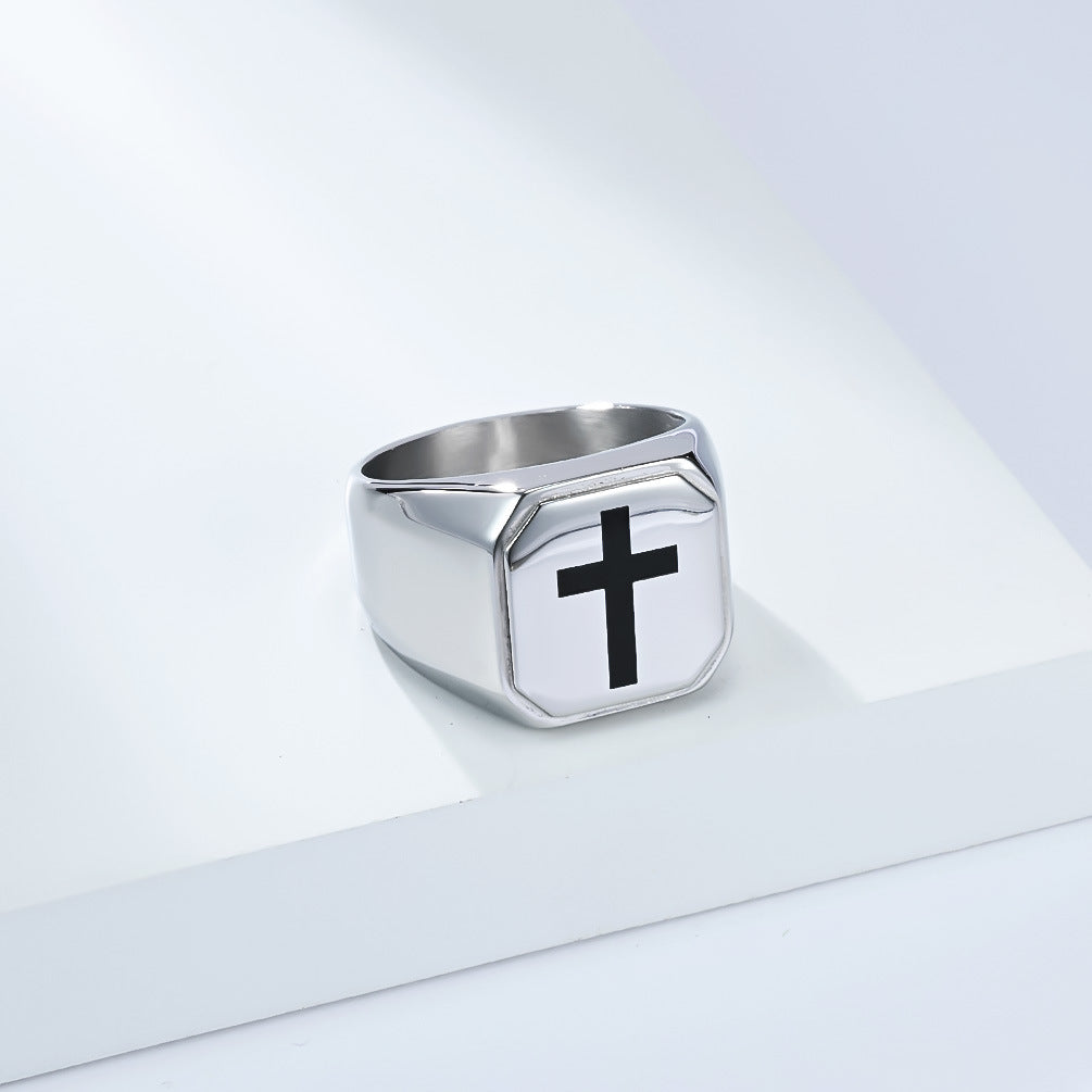Kemstone Men’s Stainless Steel Cross Ring – Square Face Minimalist Band K-R1050
