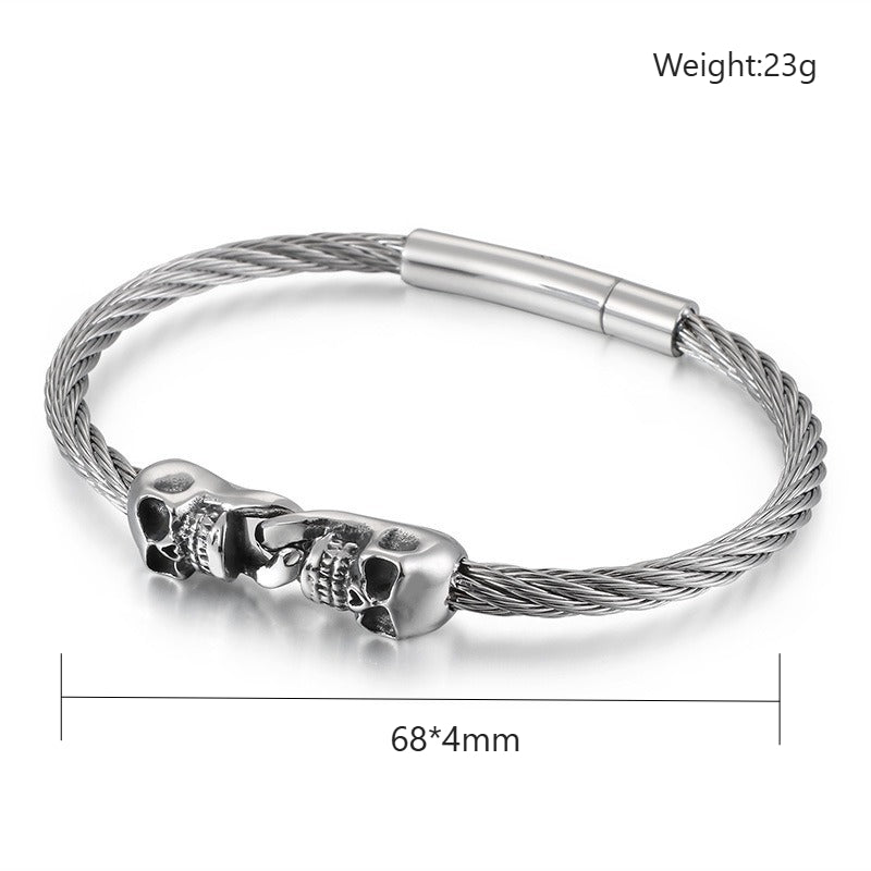 Kemstone Titanium Steel Double Skull Cable Bracelet for Men KB86274-BD