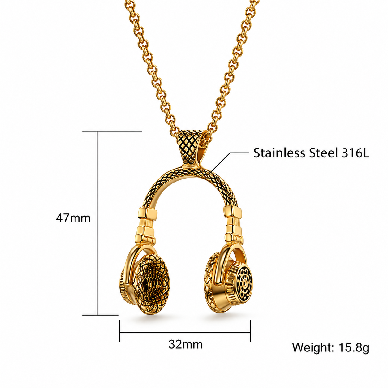Kemston Titanium Steel Headphone Pendant Necklace for Men Hip Hop Music TN0195