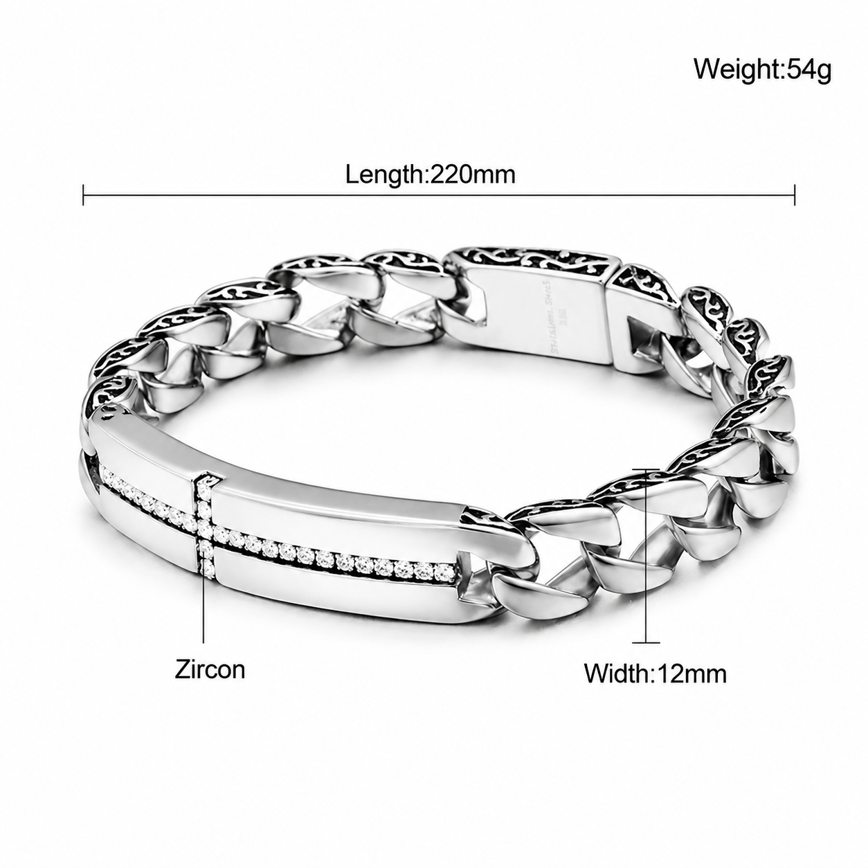 Kemstone Stainless Steel Cross Bracelet for Men Cubic Zirconia Cuban Link KB102755-BD