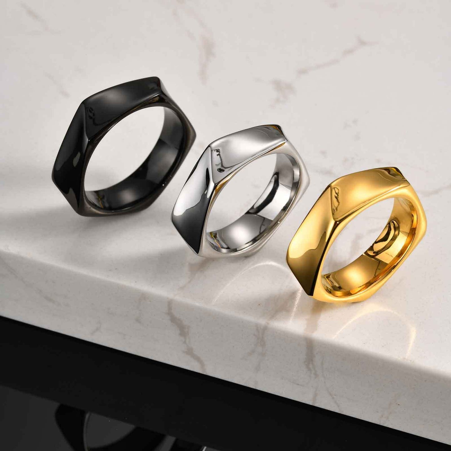 Kemstone Stainless Steel Geometric Ring – Pentagon Minimalist Band for Men RC-915