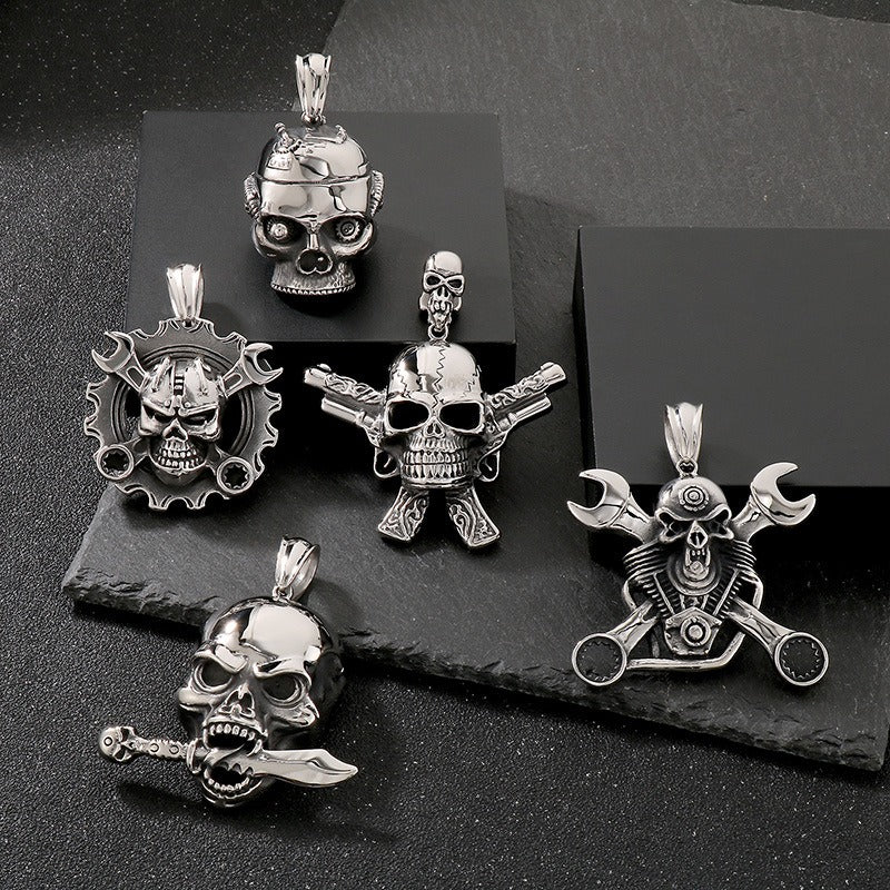 Kemstone Titanium Steel Skull Pendant Necklace – Mechanical Gothic Biker Jewelry for Men KP43973-BD