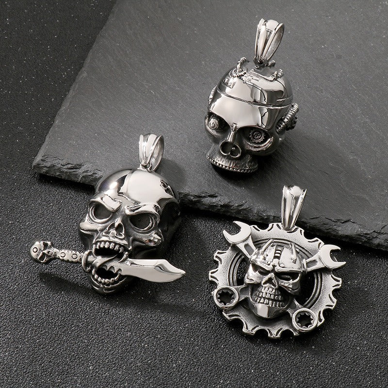 Kemstone Titanium Steel Skull Pendant Necklace – Mechanical Gothic Biker Jewelry for Men KP43973-BD