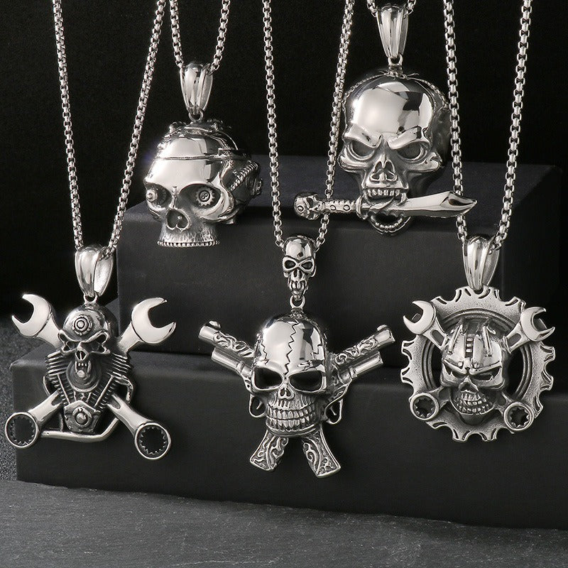 Kemstone Titanium Steel Skull Pendant Necklace – Mechanical Gothic Biker Jewelry for Men KP43973-BD
