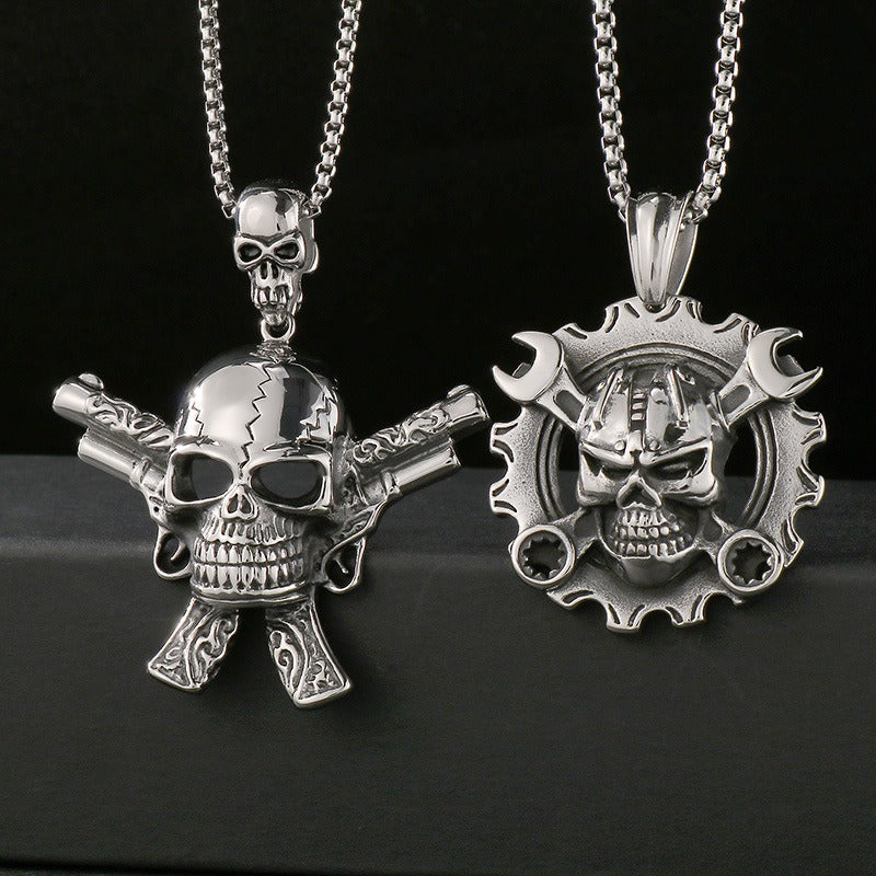 Kemstone Titanium Steel Skull Pendant Necklace – Mechanical Gothic Biker Jewelry for Men KP43973-BD