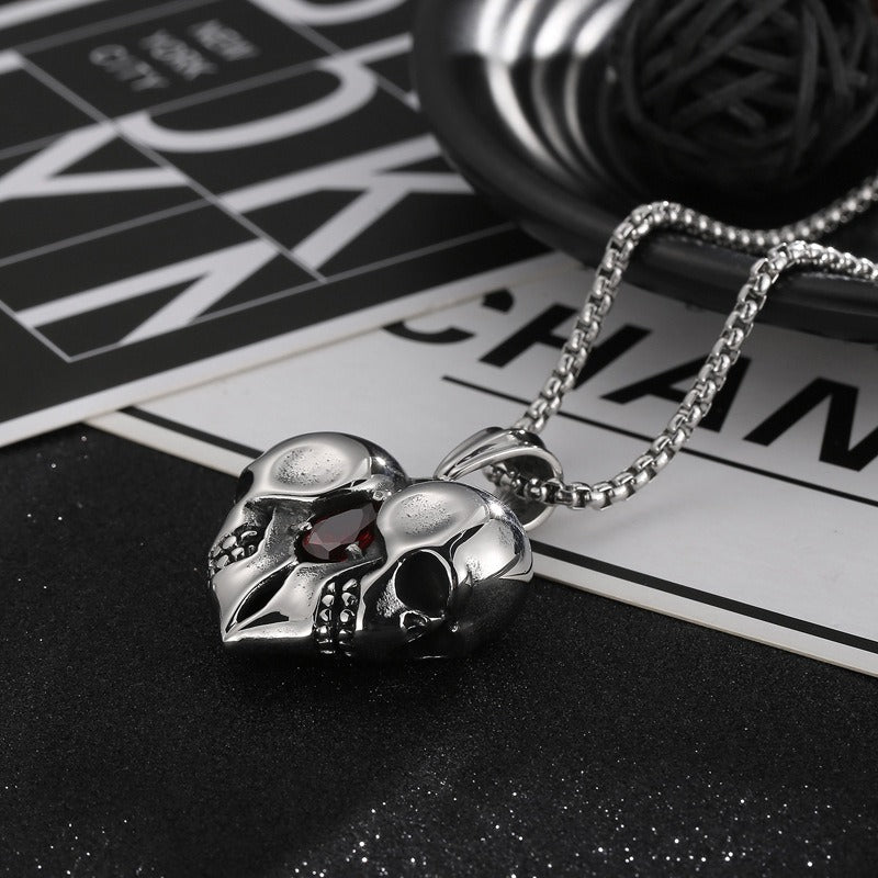 Kemstone Titanium Steel Skull Heart Necklace – Gothic Red Zircon Pendant KP98350
