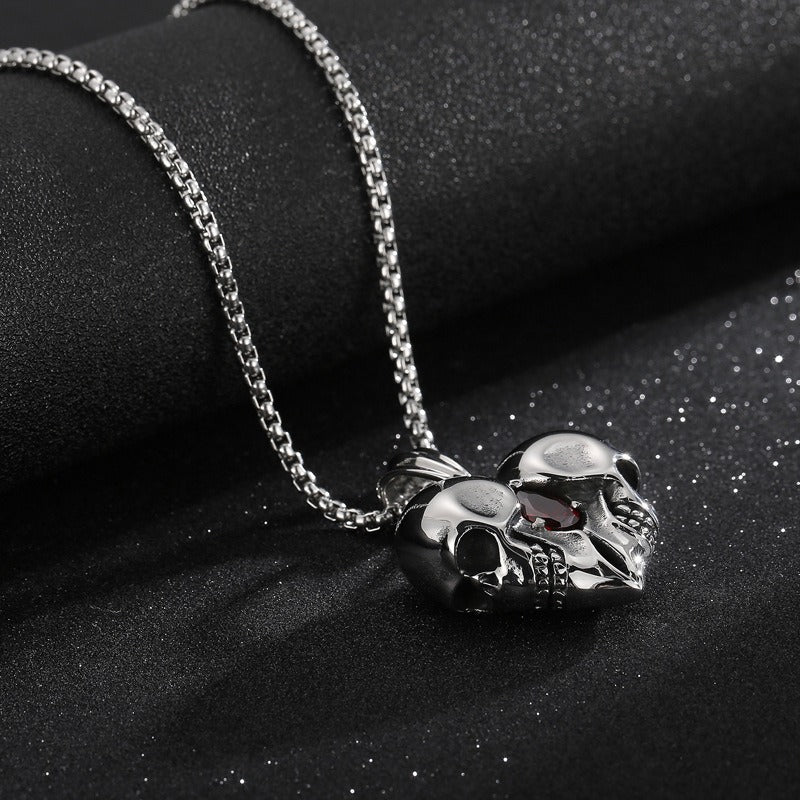 Kemstone Titanium Steel Skull Heart Necklace – Gothic Red Zircon Pendant KP98350