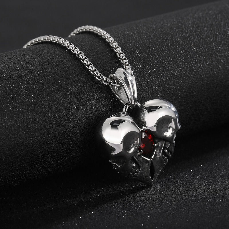 Kemstone Titanium Steel Skull Heart Necklace – Gothic Red Zircon Pendant KP98350