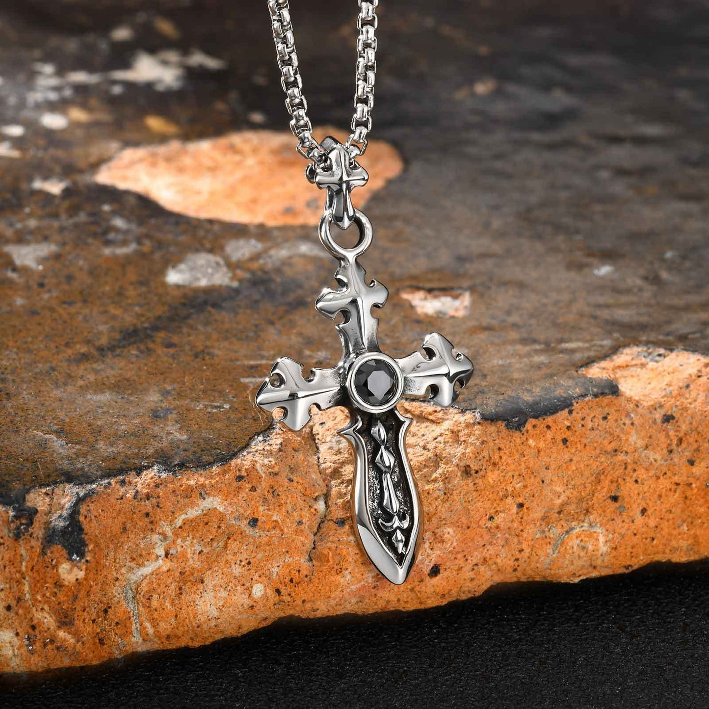 Kemstone Men’s Stainless Steel Cross Sword Pendant Necklace – Black Zircon PN-2248
