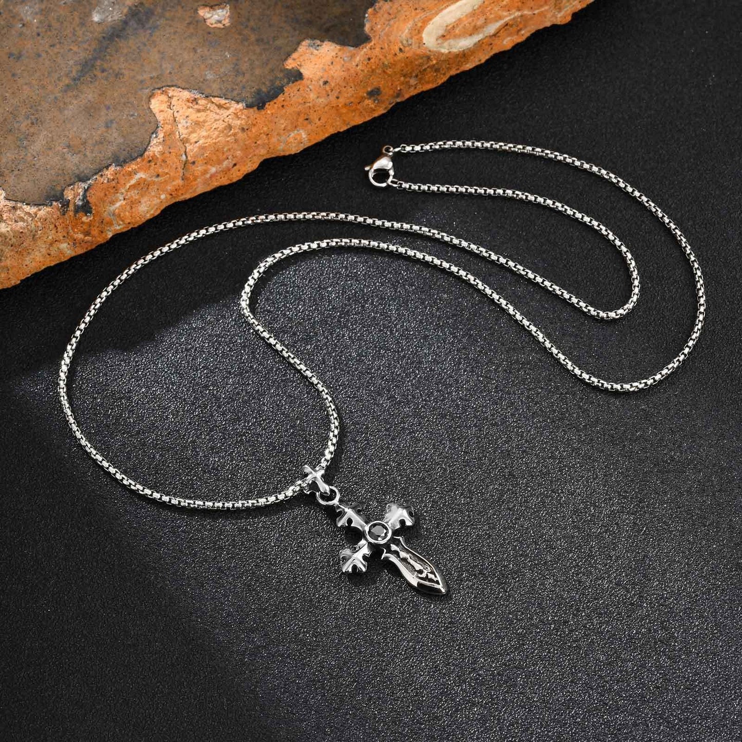 Kemstone Men’s Stainless Steel Cross Sword Pendant Necklace – Black Zircon PN-2248