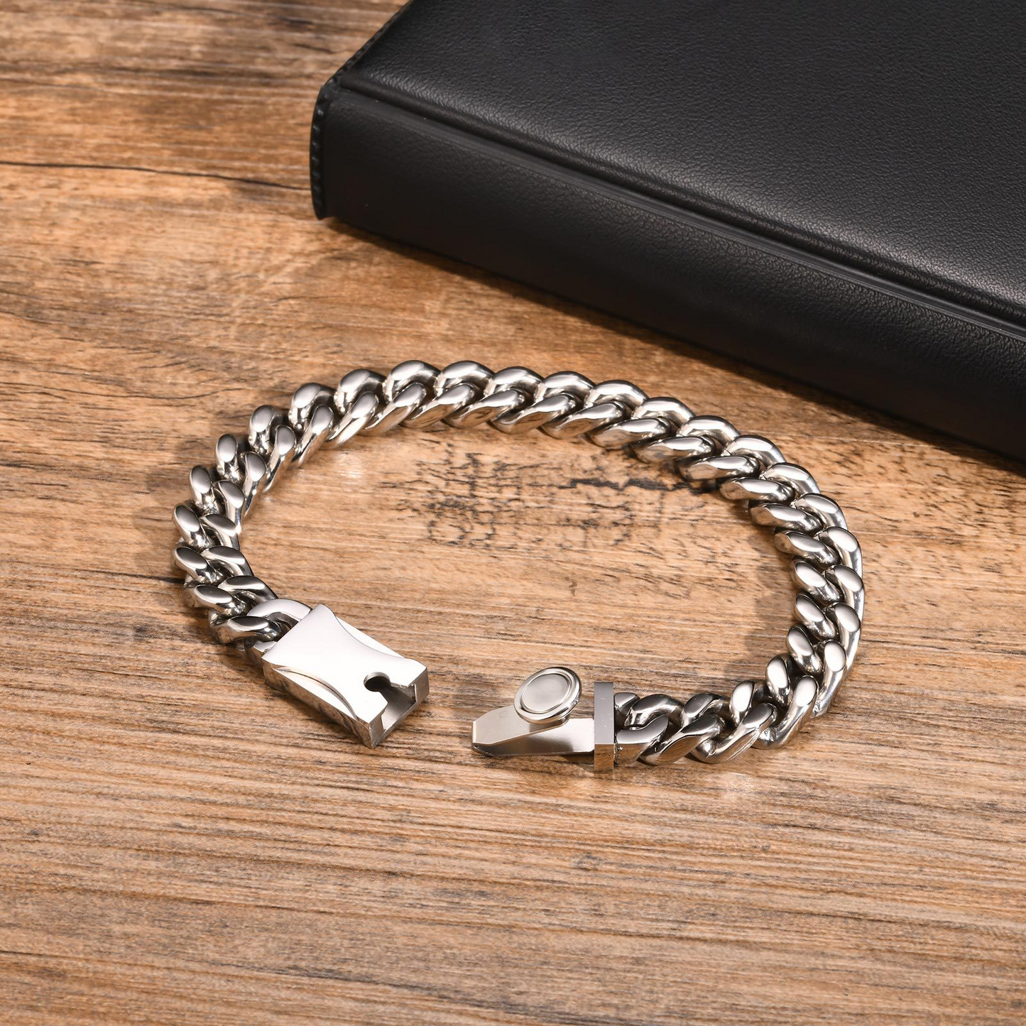 Kemstone Stainless Steel Cuban Link Bracelet for Men Button Clasp Silver BR-2141S