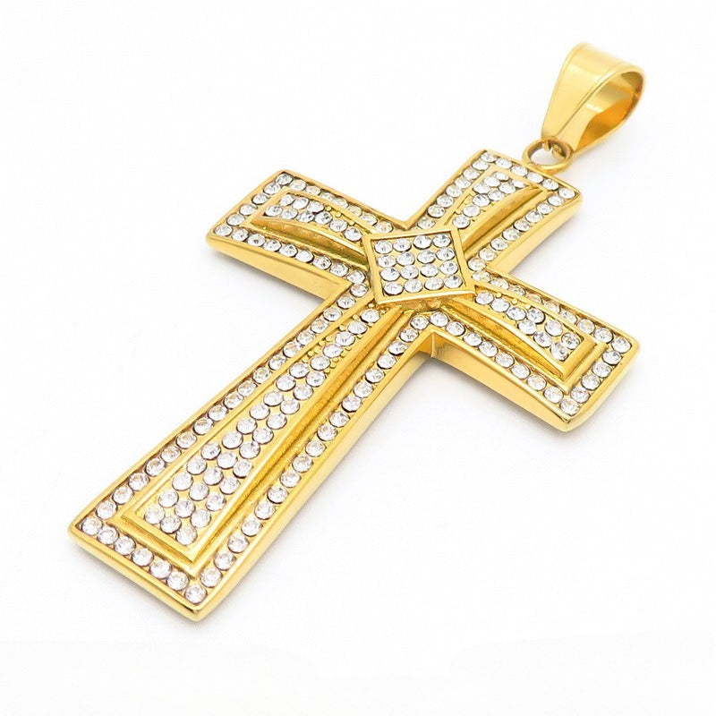 Kemstone Iced Out Cross Pendant Necklace – Titanium Steel Double Layer Bling Jewelry KP130467-MZOZ