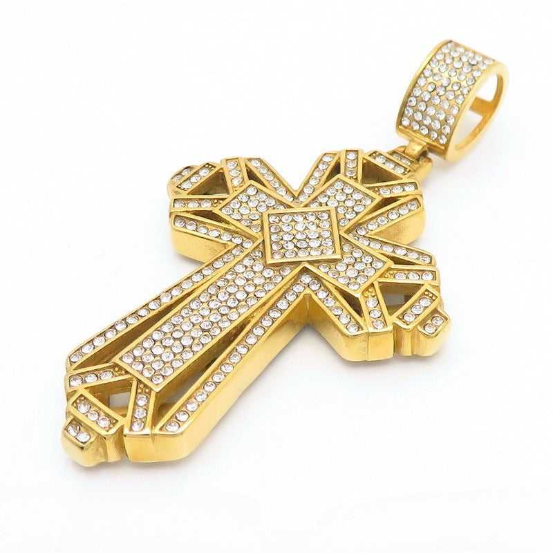 Kemstone Iced Out Cross Pendant Necklace – Titanium Steel Double Layer Bling Jewelry KP130467-MZOZ