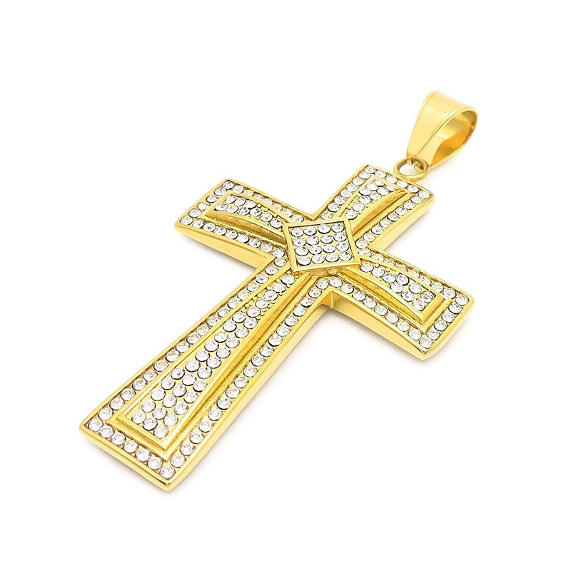 Kemstone Iced Out Cross Pendant Necklace – Titanium Steel Double Layer Bling Jewelry KP130467-MZOZ